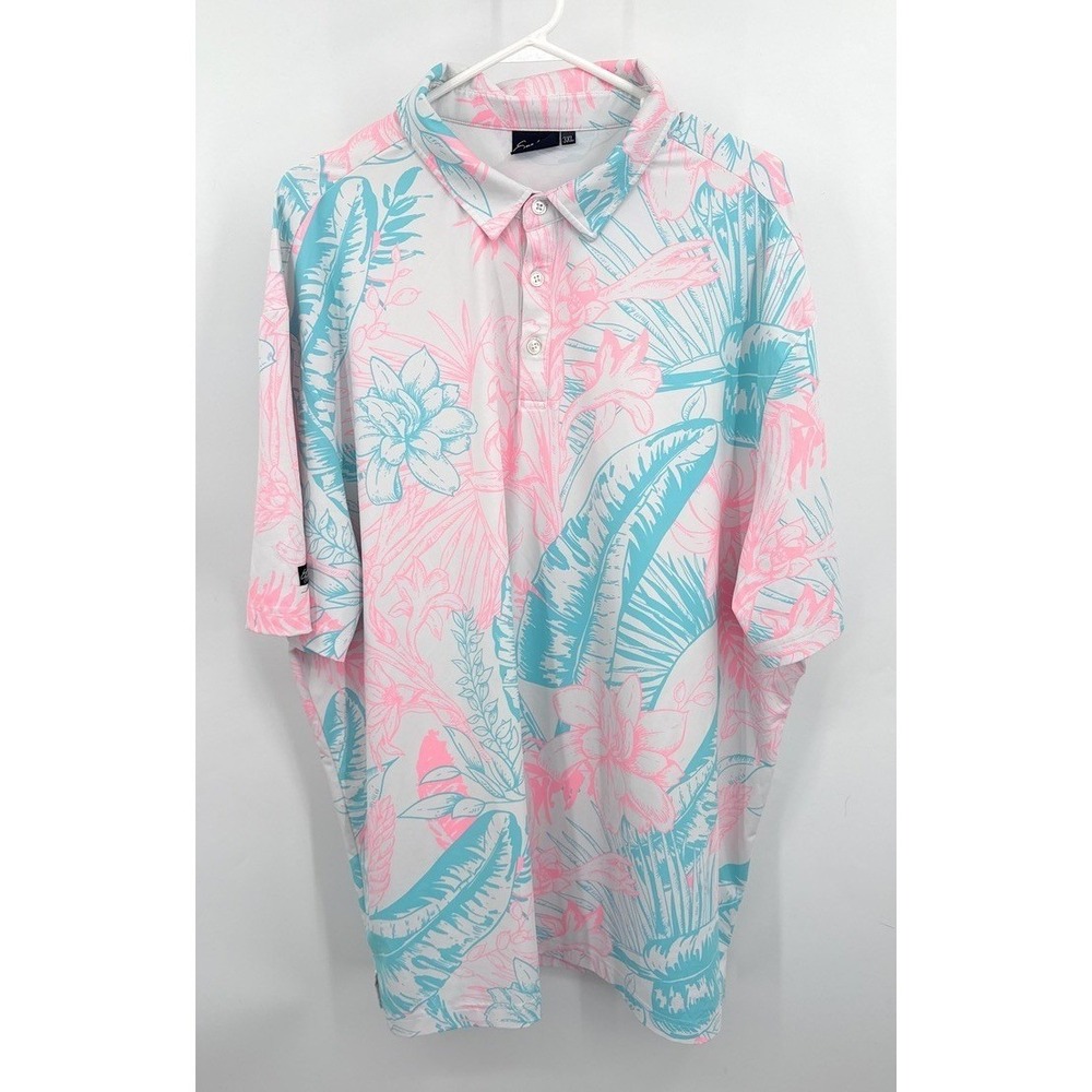 Sunday Swagger Mens 3XL Tropical Floral Palm Leaf Golf Polo Shirt Pink Turquoise